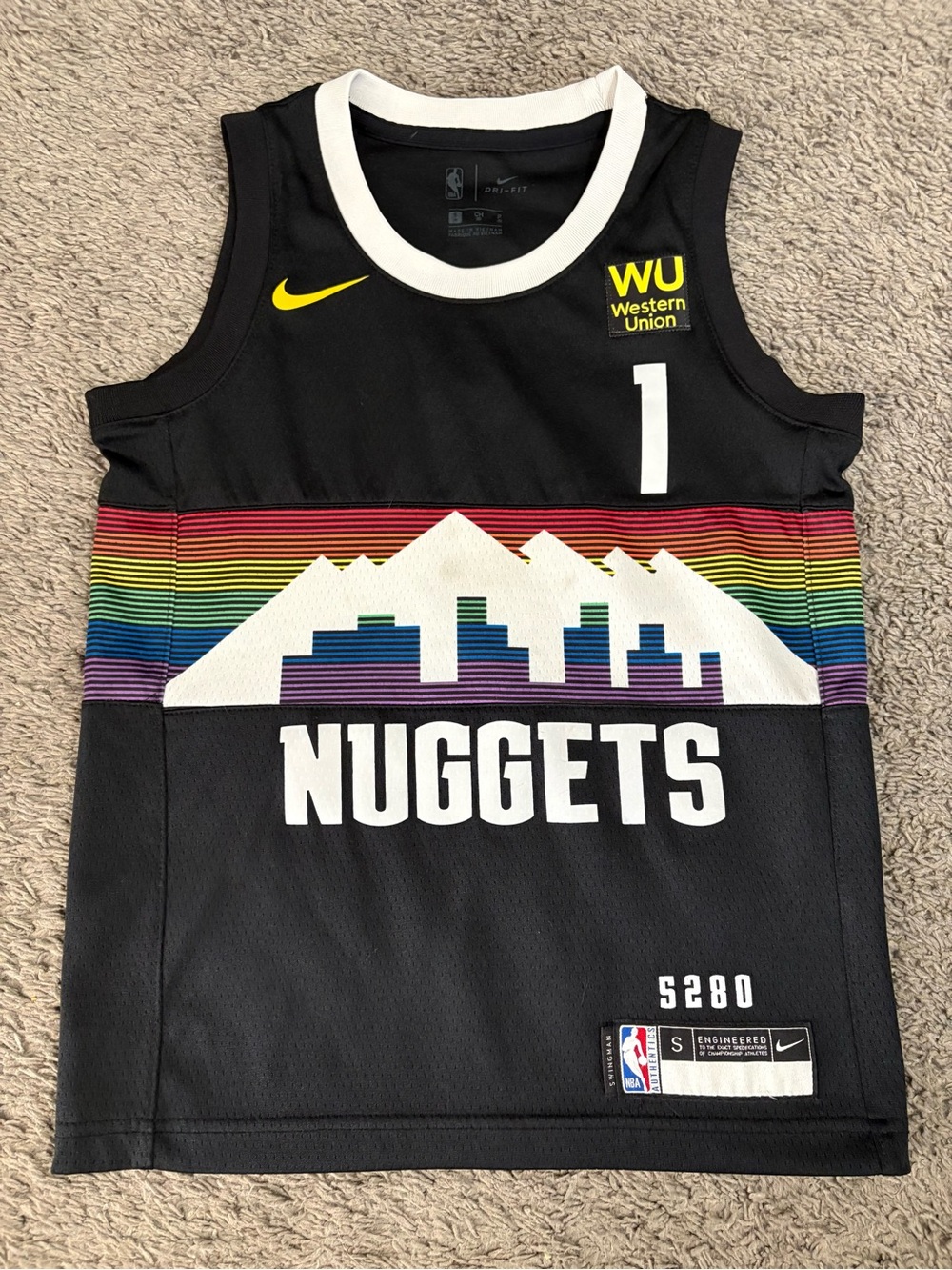 Nike Black Denver Nuggets Kids Basketball Jersey with Rainbow Accent